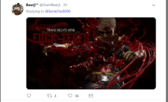 A copycat tweet showing another video game character dying brutally, with the caption "FUCK TERFS"