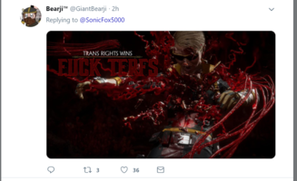 Uma imitação do tweet mostrando outra personagem de video game morrendo brutalmente, e com a legenda "FUCK TERFS" ("FODAM COM AS TERFS").