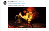Another copycat tweet. The GIF is of Mortal Kombat 11 character Scorpion burning his opponent alive.
