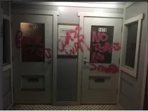 Crude graffiti sprayed at the entrance
